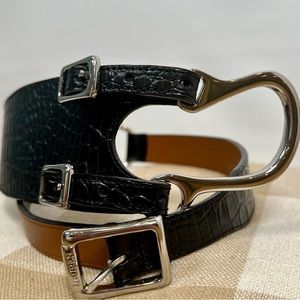 Ralph Lauren Blk Alligator Embossed Leather TriRing Buckle Equestrian Belt Sz S